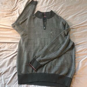 NWT Tommy Hilfiger Men's Quarter Zip Houndstooth Sweater Pullover Grey 3XL